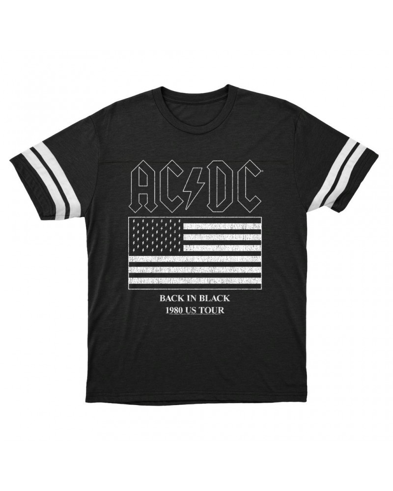 AC/DC T-Shirt | Back In Black Flag Tour 1980 Distressed Football Shirt $13.18 Shirts