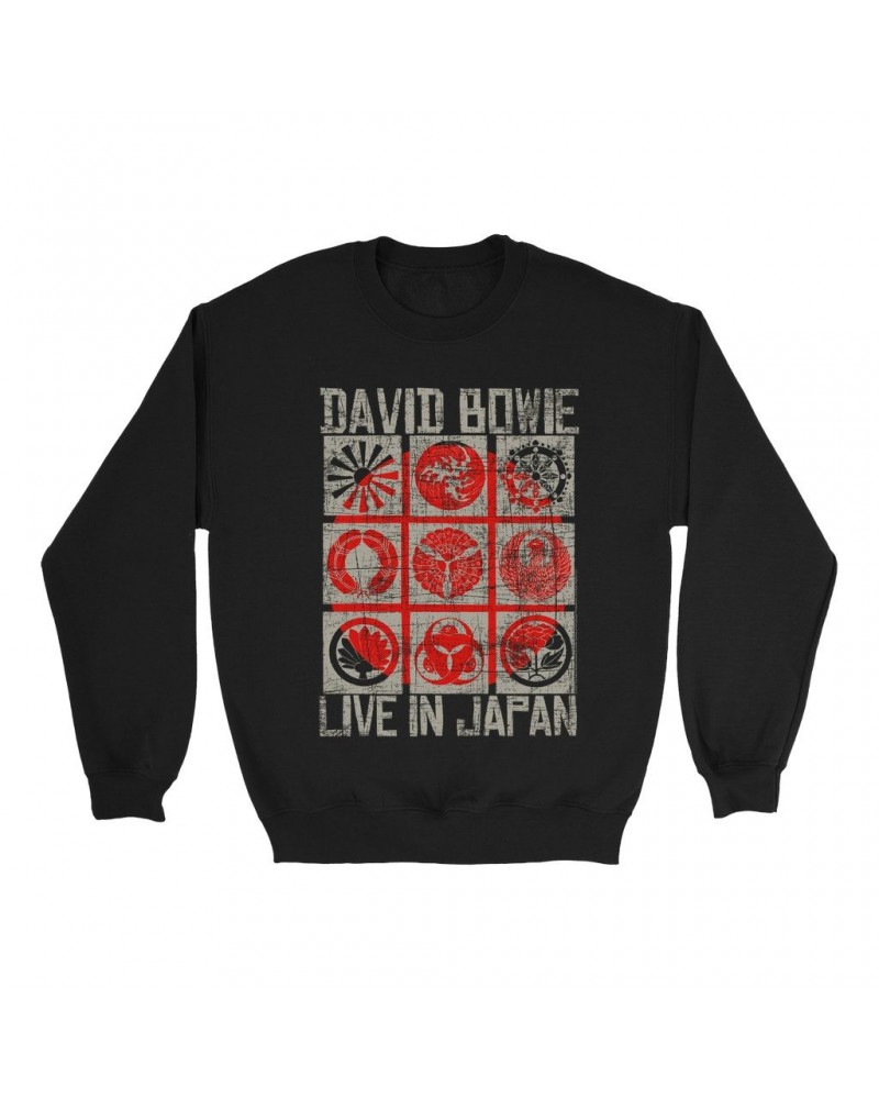 David Bowie Sweatshirt | Reverse Live In Japan Design Distressed Sweatshirt $17.48 Sweatshirts