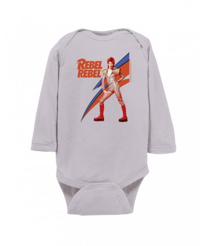 David Bowie Long Sleeve Bodysuit | Rebel Rebel Aladdin Sane Image Bodysuit $11.68 Shirts