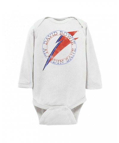 David Bowie Long Sleeve Bodysuit | Red And Blue Aladdin Sane Logo Distressed Bodysuit $10.64 Shirts