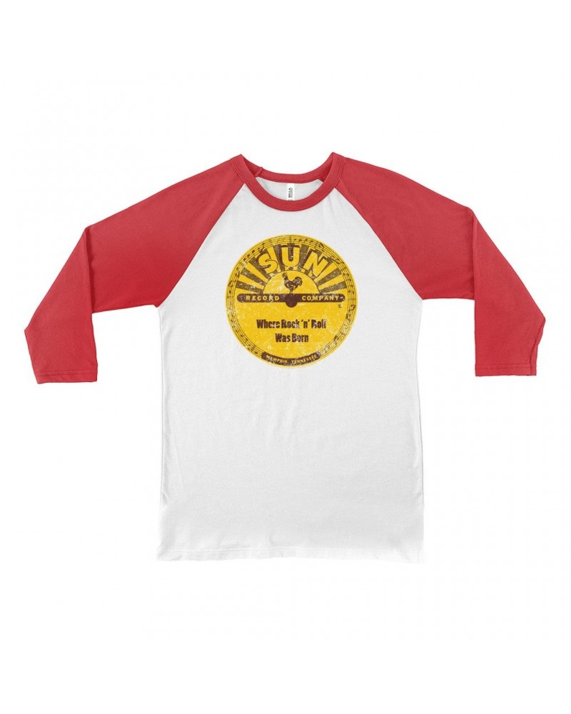 Sun Records 3/4 Sleeve Baseball Tee | Where Rock N' Roll Was Born Label Distressed Shirt $13.48 Shirts